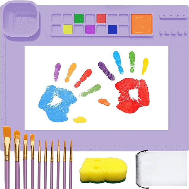 Silicone Painting Mat For Kids With Detachable Cleaning Cup Non-stick Art  Pad With 10 Brushes ​sponge ​drawstring Bag - Paint By Number Pens &  Brushes - AliExpress
